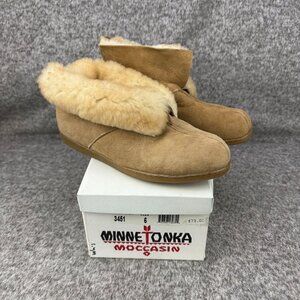 ✅Women's 6 Minnetonka Gold Tan Sheepskin Moccasin Slippers With Fur Trim 3451